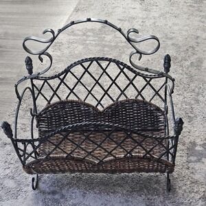 vintage metal and reed magazine rack‎ with a scroll and wavy design